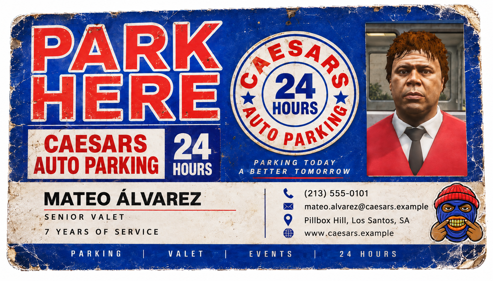 Mateo Álvarez employee card: Senior Valet, 7 years of service