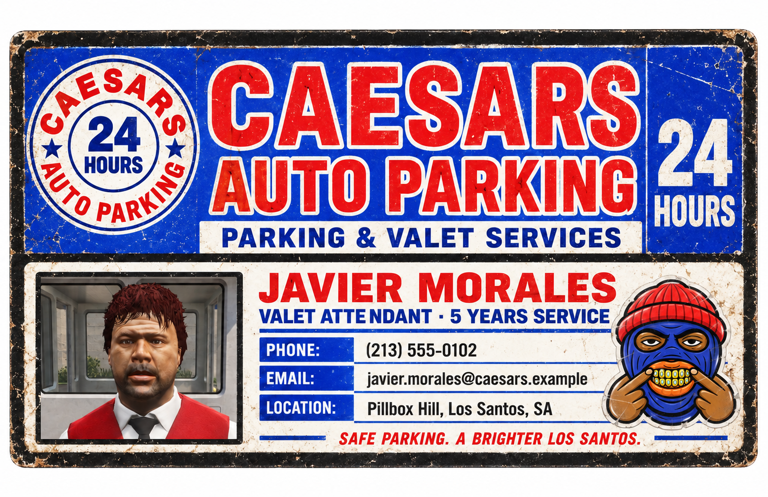 Javier Morales employee card: Valet Attendant, 5 years of service