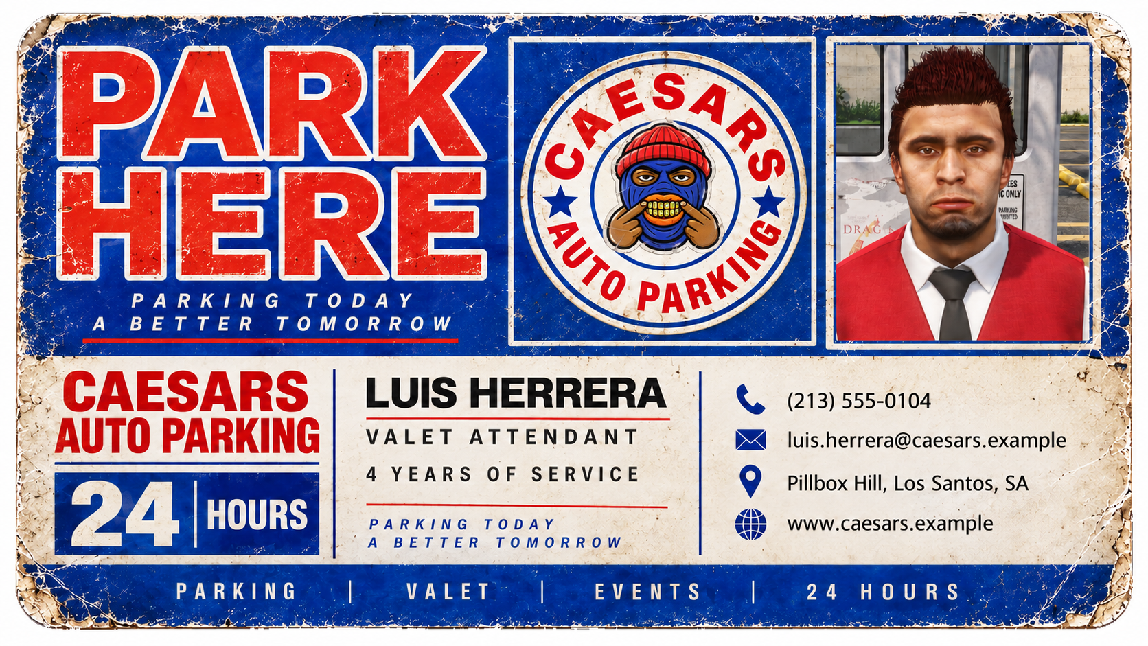 Luis Herrera employee card: Valet Attendant, 4 years of service