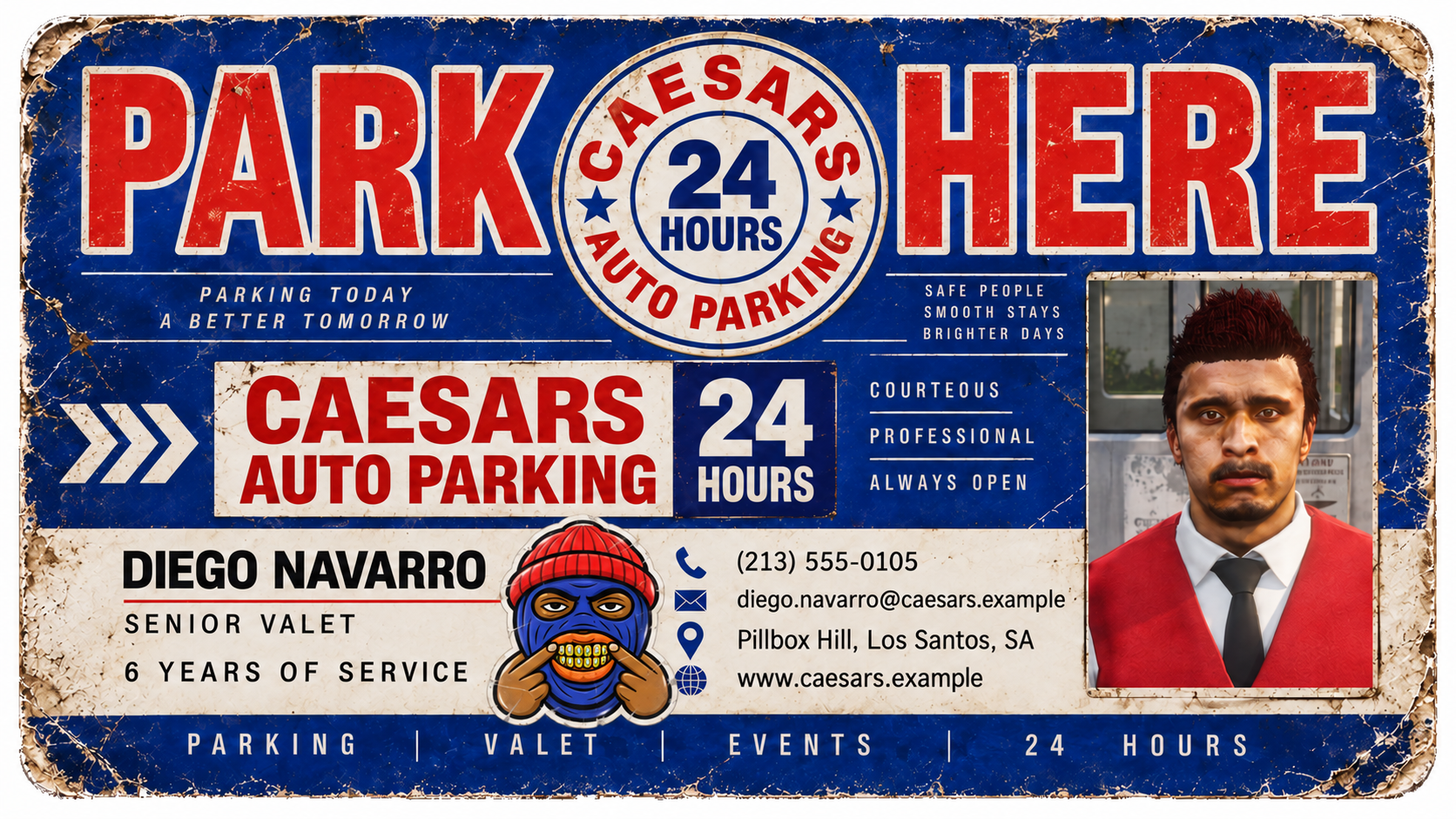 Diego Navarro employee card: Senior Valet, 6 years of service