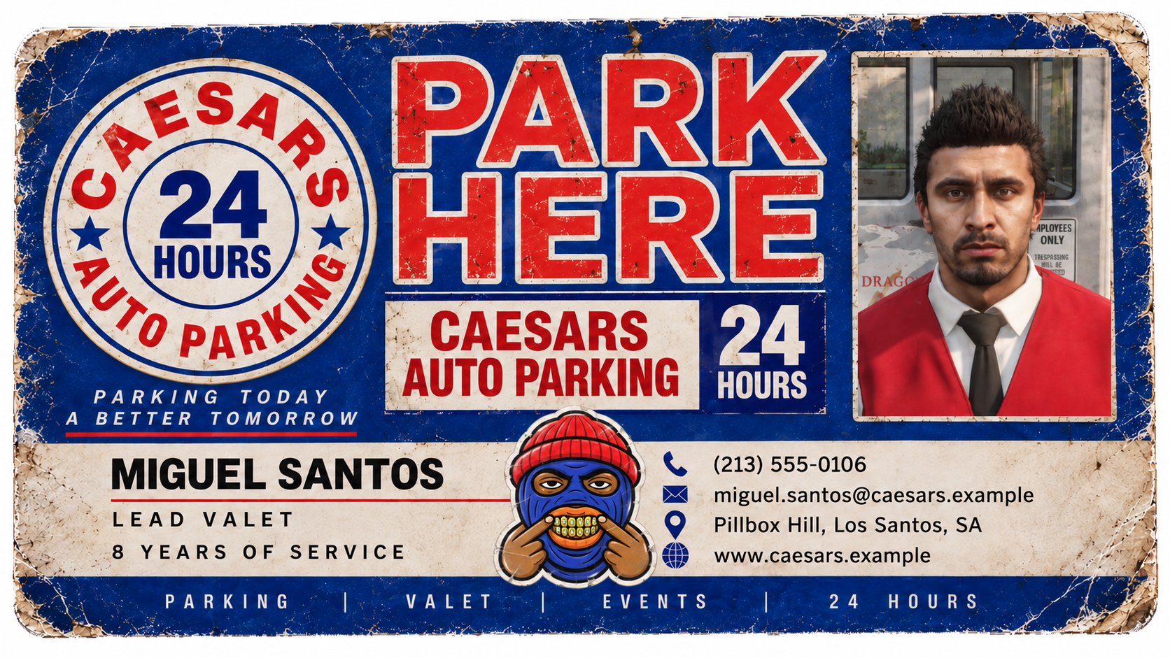 Miguel Santos employee card: Lead Valet, 8 years of service
